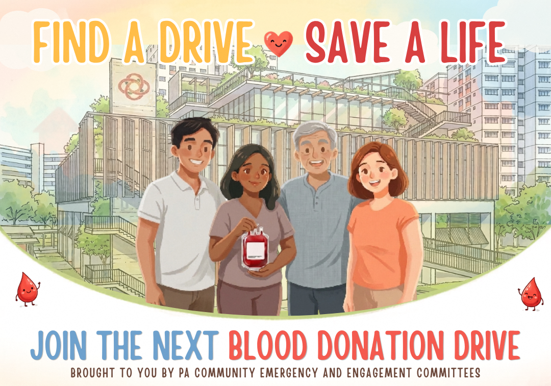 A colorful illustrated poster promoting community blood donation drives.